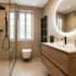 Modern saniertes Badezimmer in Wien mit Dusche, Waschtisch und WC.