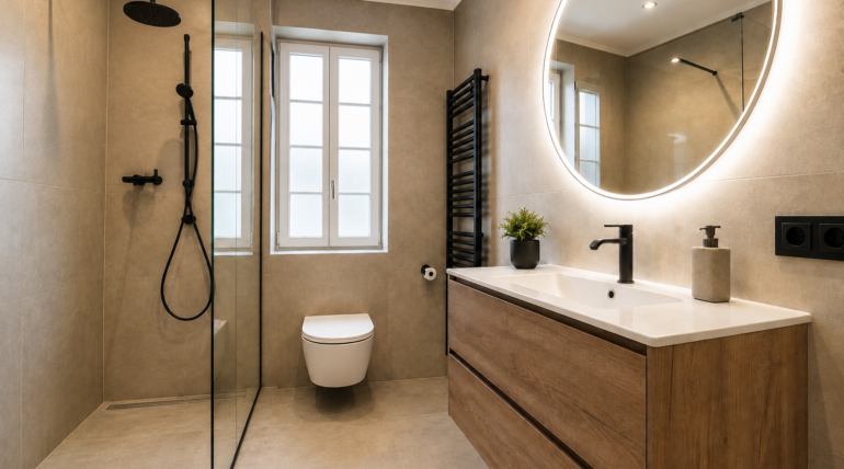 Modern saniertes Badezimmer in Wien mit Dusche, Waschtisch und WC.