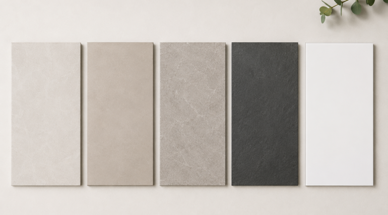 Verschiedene Fliesenoberflächen in Beige, Grau und Weiß im direkten Vergleich.
