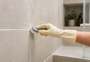 Fliesenfugen im Badezimmer werden mit einer Bürste gründlich gereinigt.