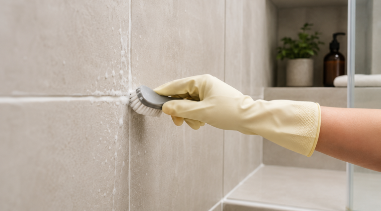 Fliesenfugen im Badezimmer werden mit einer Bürste gründlich gereinigt.