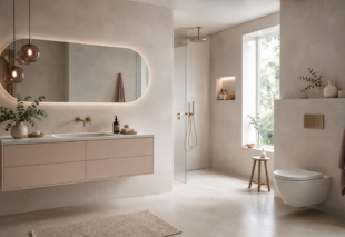 Modernes fugenloses Badezimmer in warmen Beige- und Naturtönen.