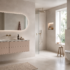 Modernes fugenloses Badezimmer in warmen Beige- und Naturtönen.