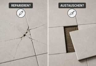Vergleich einer gesprungenen Fliese mit einer ausgebauten Fliese zur Reparatur oder zum Austausch.