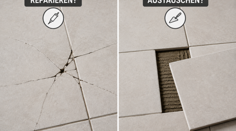 Vergleich einer gesprungenen Fliese mit einer ausgebauten Fliese zur Reparatur oder zum Austausch.