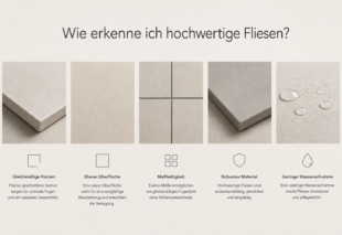 Hochwertige Fliesen im Vergleich mit gleichmäßigen Kanten, ebener Oberfläche und geringer Wasseraufnahme.