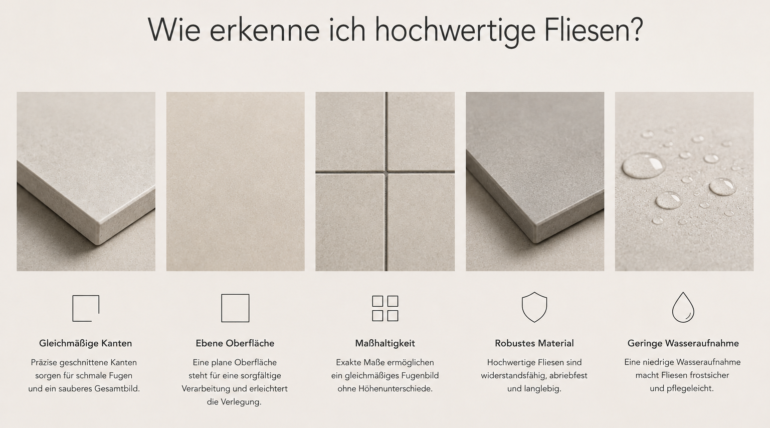 Hochwertige Fliesen im Vergleich mit gleichmäßigen Kanten, ebener Oberfläche und geringer Wasseraufnahme.
