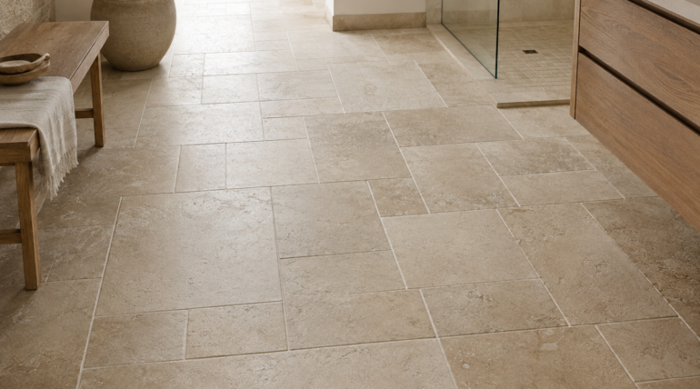 Beige Natursteinfliesen im Römischen Verband in einem modern gestalteten Badezimmer.