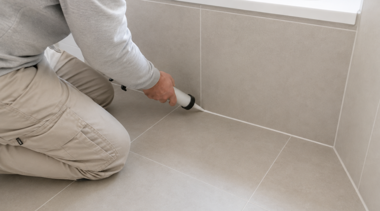 Handwerker erneuert Fugen im Badezimmer mit einer Kartuschenpistole.
