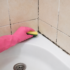 Schimmel wird aus den Fugen im Badezimmer mit einem Schwamm entfernt.